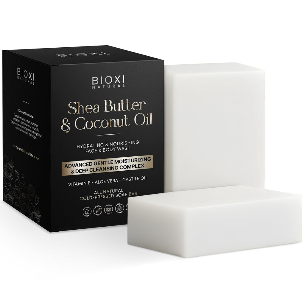 Shea Butter & Coconut Oil Soap Bar - Advanced Gentle Moisturizing & Deep Cleansing Face & Body Wash - Hydrating Natural Korean Cold-Pressed Formula with Vitamin E, Aloe Vera & Castile Oil - 2 Pack