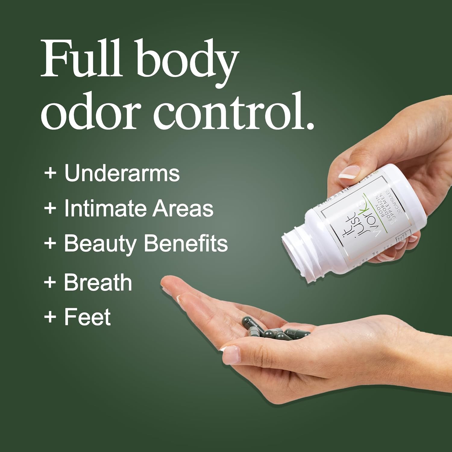 It Just Works Whole Body Natural Deodorizing Supplement for Full Freshness - Vegan & Organic Internal Deodorant for Underarms, Intimate Areas, and Private Parts, 30 Capsules